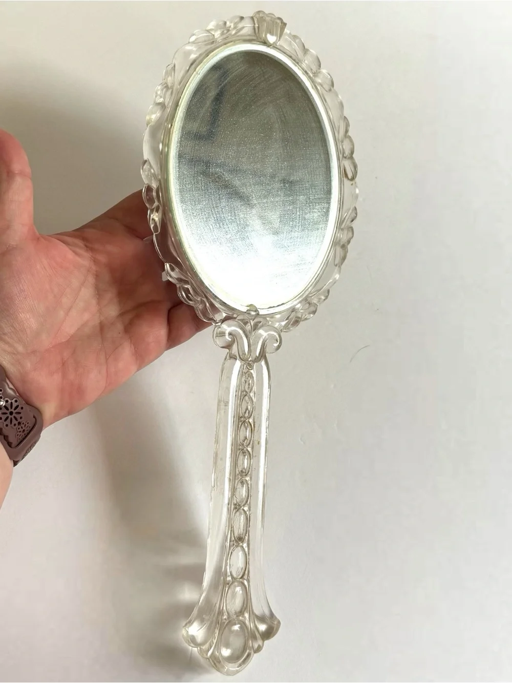 Vtg Clear Lucite Double Sided Vanity Hand Mirror Hollywood Regency Boudoir MCM